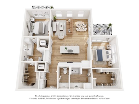 Floor plan for 2 beds, 2 baths, 1270 sqft